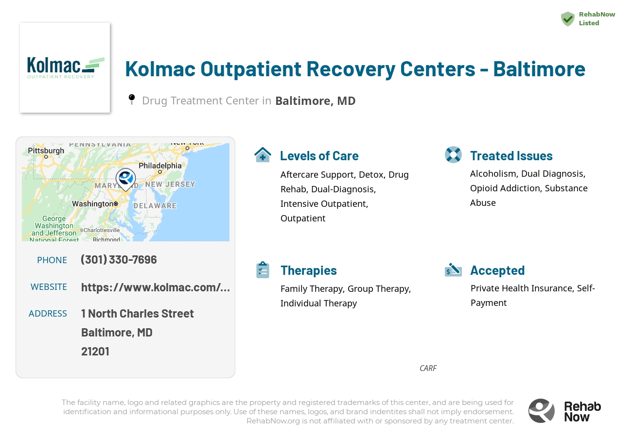Helpful reference information for Kolmac Outpatient Recovery Centers - Baltimore, a drug treatment center in Maryland located at: 1 North Charles Street, Baltimore, MD, 21201, including phone numbers, official website, and more. Listed briefly is an overview of Levels of Care, Therapies Offered, Issues Treated, and accepted forms of Payment Methods.
