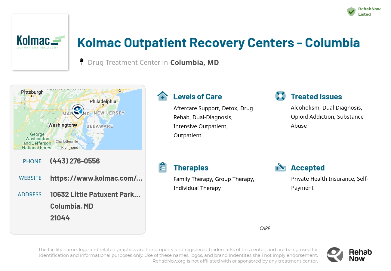 Helpful reference information for Kolmac Outpatient Recovery Centers - Columbia, a drug treatment center in Maryland located at: 10632 Little Patuxent Parkway, Columbia, MD, 21044, including phone numbers, official website, and more. Listed briefly is an overview of Levels of Care, Therapies Offered, Issues Treated, and accepted forms of Payment Methods.