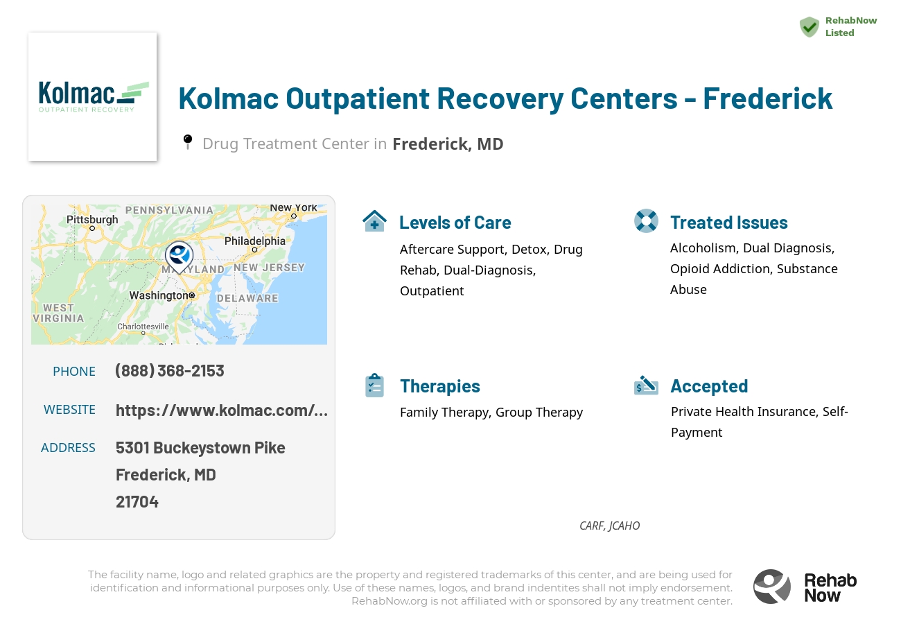 Helpful reference information for Kolmac Outpatient Recovery Centers - Frederick, a drug treatment center in Maryland located at: 5301 Buckeystown Pike, Frederick, MD, 21704, including phone numbers, official website, and more. Listed briefly is an overview of Levels of Care, Therapies Offered, Issues Treated, and accepted forms of Payment Methods.