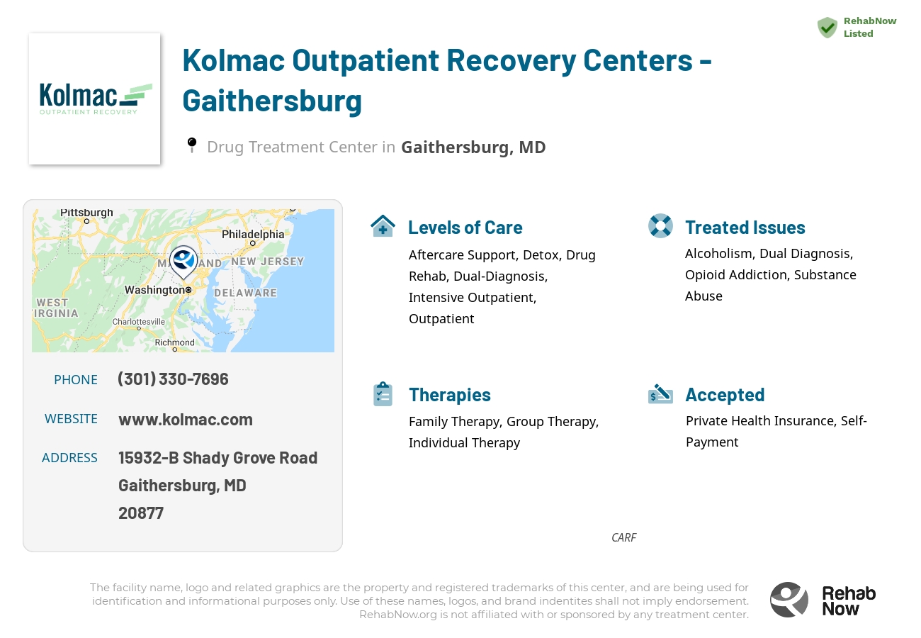 Helpful reference information for Kolmac Outpatient Recovery Centers - Gaithersburg, a drug treatment center in Maryland located at: 15932-B Shady Grove Road, Gaithersburg, MD, 20877, including phone numbers, official website, and more. Listed briefly is an overview of Levels of Care, Therapies Offered, Issues Treated, and accepted forms of Payment Methods.