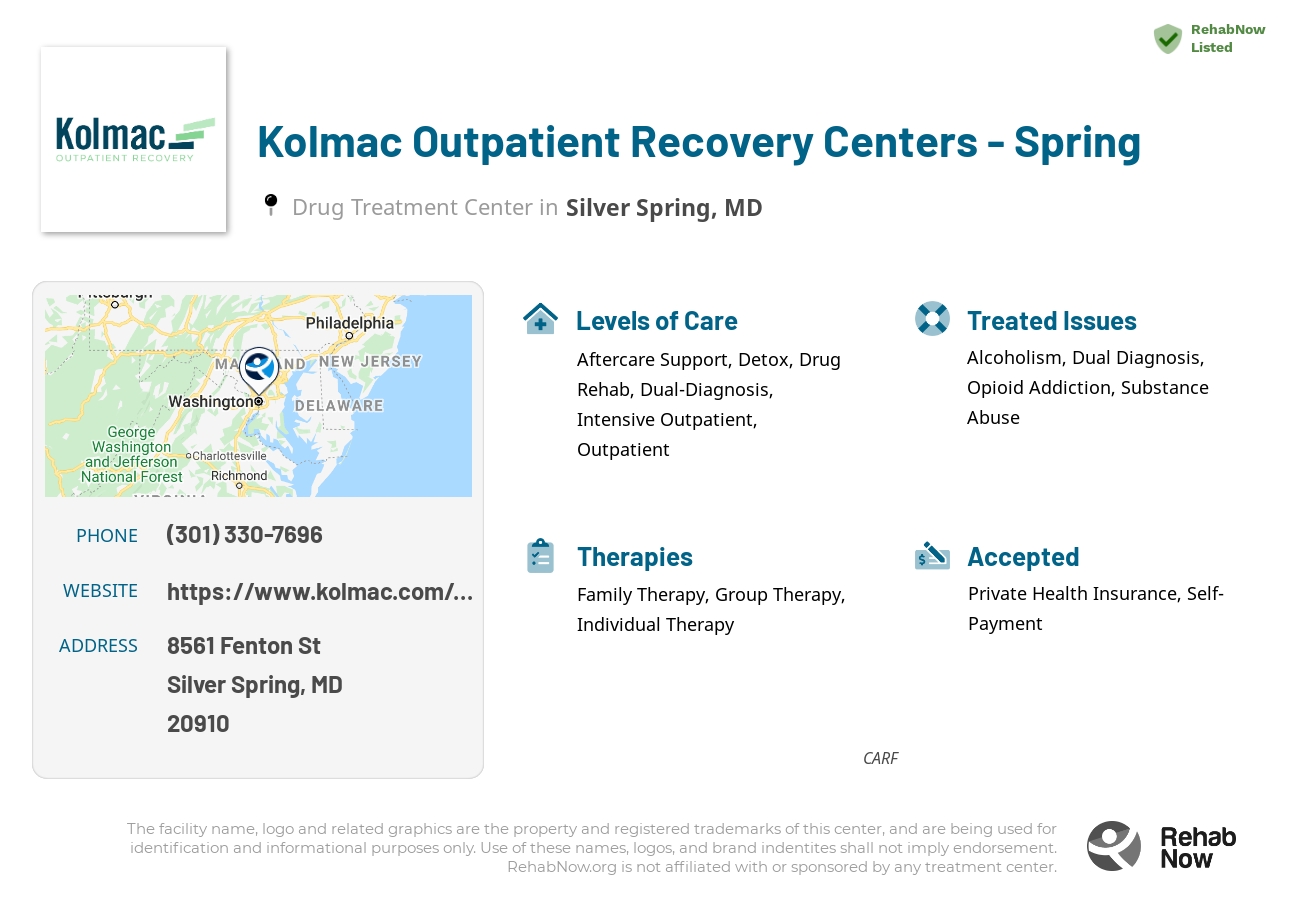 Helpful reference information for Kolmac Outpatient Recovery Centers - Spring, a drug treatment center in Maryland located at: 8561 Fenton St, Silver Spring, MD, 20910, including phone numbers, official website, and more. Listed briefly is an overview of Levels of Care, Therapies Offered, Issues Treated, and accepted forms of Payment Methods.