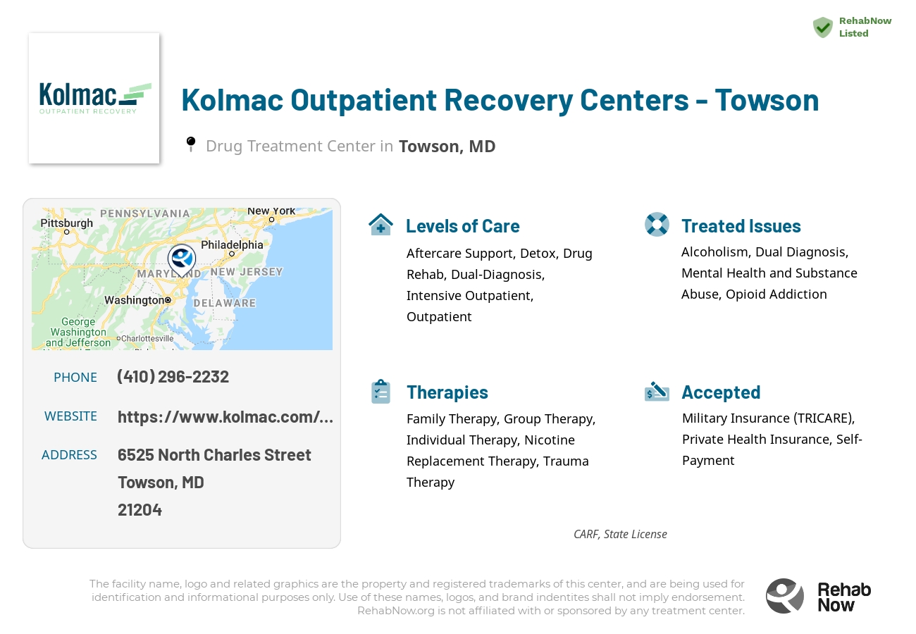 Helpful reference information for Kolmac Outpatient Recovery Centers - Towson, a drug treatment center in Maryland located at: 6525 North Charles Street, Towson, MD, 21204, including phone numbers, official website, and more. Listed briefly is an overview of Levels of Care, Therapies Offered, Issues Treated, and accepted forms of Payment Methods.