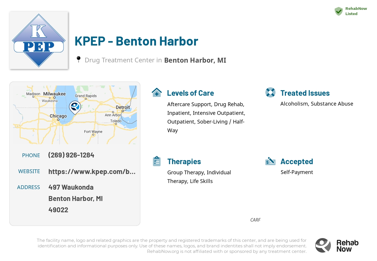 Helpful reference information for KPEP - Benton Harbor, a drug treatment center in Michigan located at: 497 497 Waukonda, Benton Harbor, MI 49022, including phone numbers, official website, and more. Listed briefly is an overview of Levels of Care, Therapies Offered, Issues Treated, and accepted forms of Payment Methods.