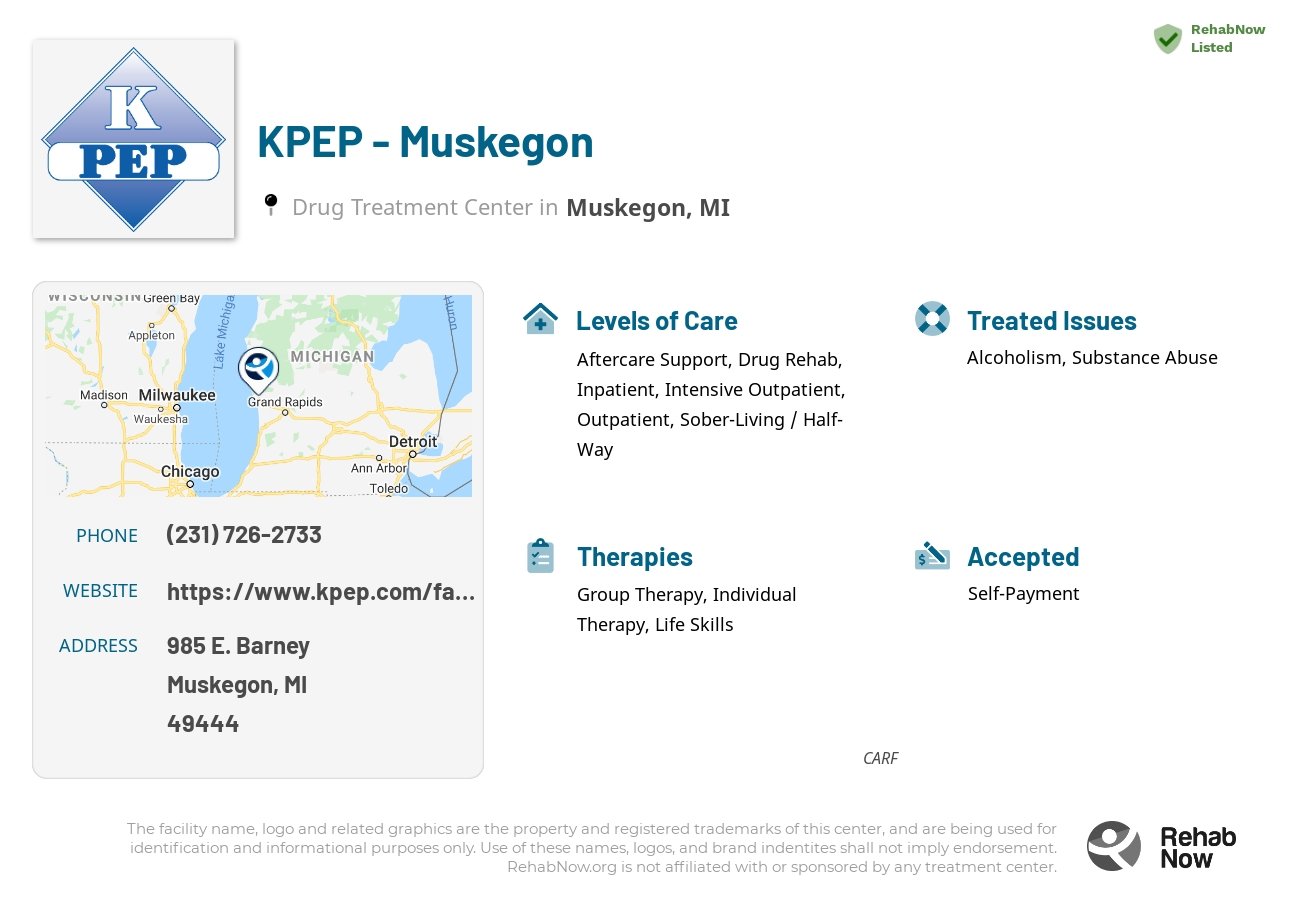 Helpful reference information for KPEP - Muskegon, a drug treatment center in Michigan located at: 985 985 E. Barney, Muskegon, MI 49444, including phone numbers, official website, and more. Listed briefly is an overview of Levels of Care, Therapies Offered, Issues Treated, and accepted forms of Payment Methods.