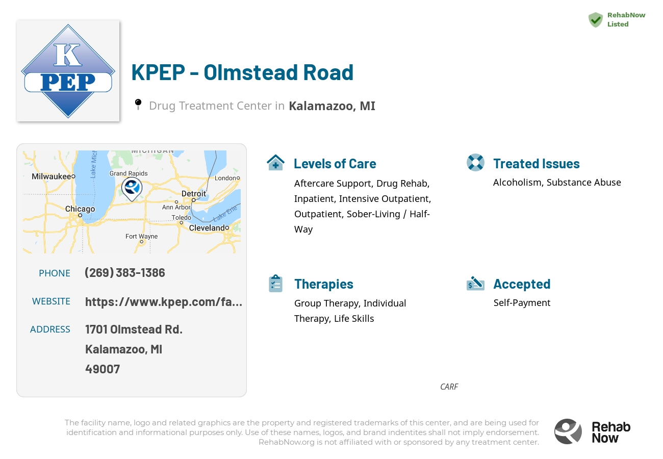 Helpful reference information for KPEP - Olmstead Road, a drug treatment center in Michigan located at: 1701 1701 Olmstead Rd., Kalamazoo, MI 49007, including phone numbers, official website, and more. Listed briefly is an overview of Levels of Care, Therapies Offered, Issues Treated, and accepted forms of Payment Methods.