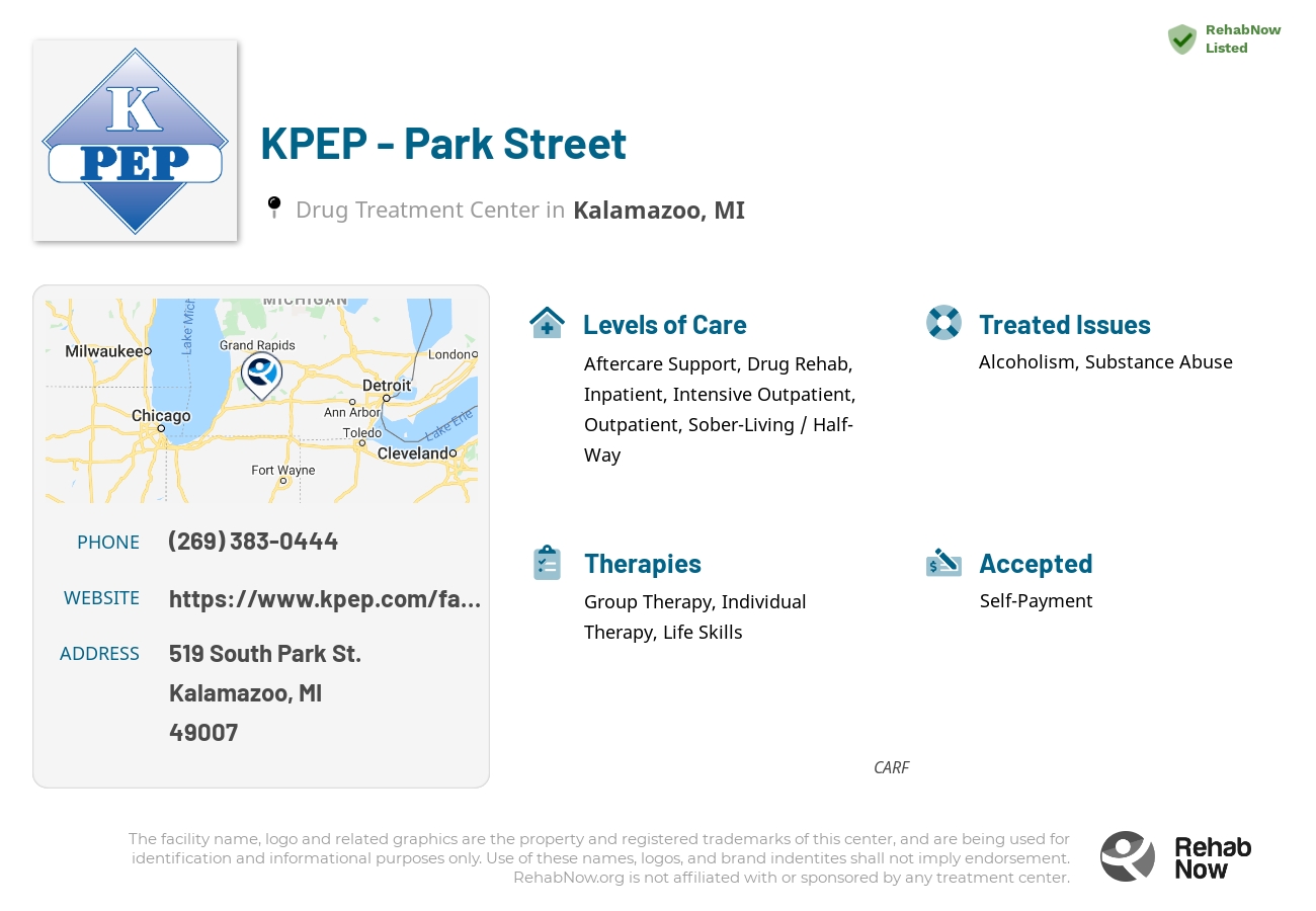 Helpful reference information for KPEP - Park Street, a drug treatment center in Michigan located at: 519 519 South Park St., Kalamazoo, MI 49007, including phone numbers, official website, and more. Listed briefly is an overview of Levels of Care, Therapies Offered, Issues Treated, and accepted forms of Payment Methods.