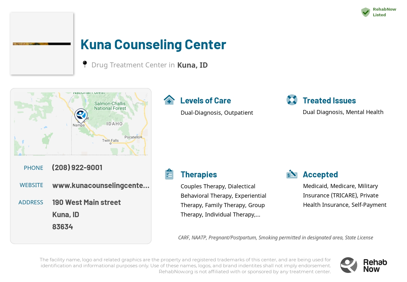 Helpful reference information for Kuna Counseling Center, a drug treatment center in Idaho located at: 190 190 West Main street, Kuna, ID 83634, including phone numbers, official website, and more. Listed briefly is an overview of Levels of Care, Therapies Offered, Issues Treated, and accepted forms of Payment Methods.