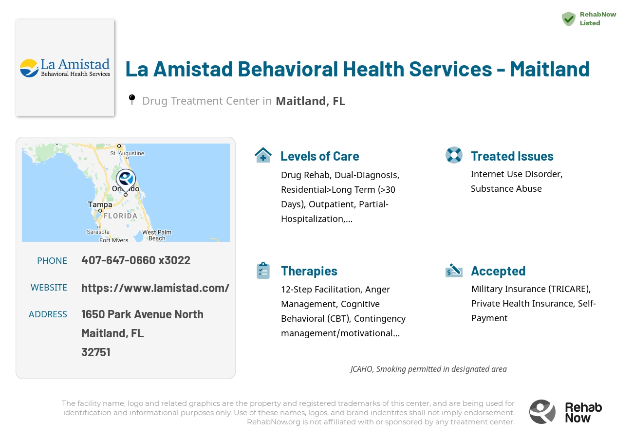 Helpful reference information for La Amistad Behavioral Health Services - Maitland, a drug treatment center in Florida located at: 1650 Park Avenue North, Maitland, FL 32751, including phone numbers, official website, and more. Listed briefly is an overview of Levels of Care, Therapies Offered, Issues Treated, and accepted forms of Payment Methods.