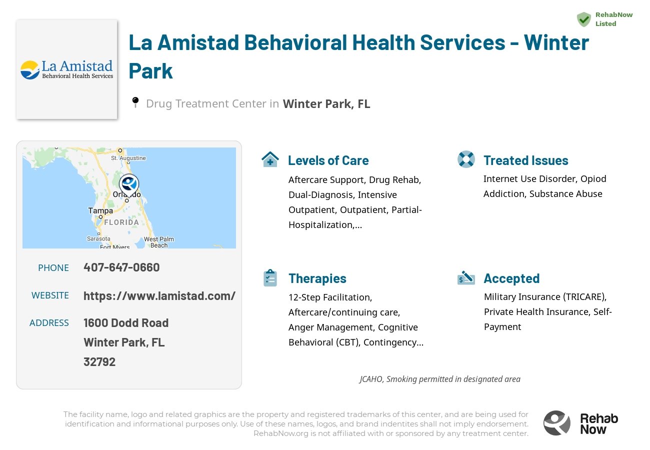 Helpful reference information for La Amistad Behavioral Health Services - Winter Park, a drug treatment center in Florida located at: 1600 Dodd Road, Winter Park, FL 32792, including phone numbers, official website, and more. Listed briefly is an overview of Levels of Care, Therapies Offered, Issues Treated, and accepted forms of Payment Methods.