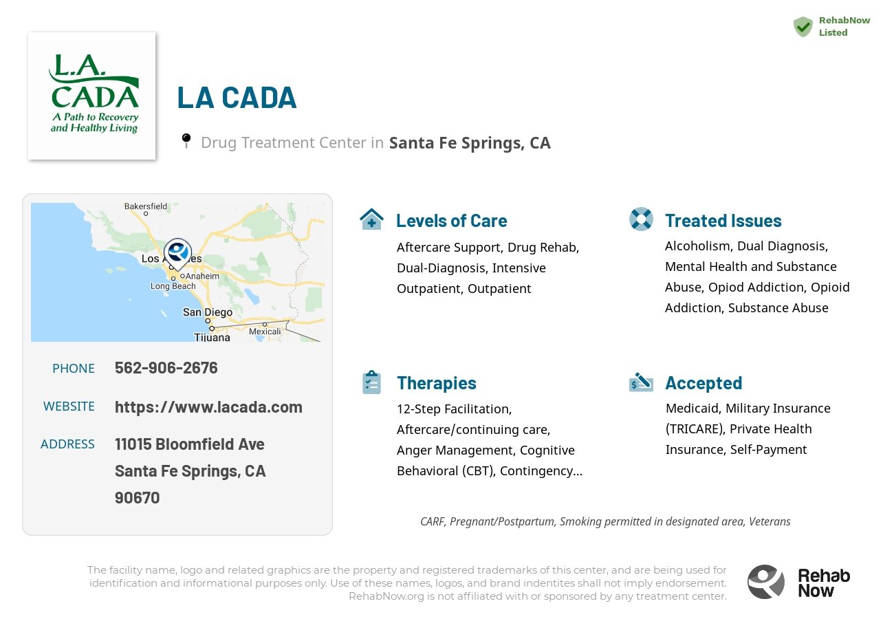 Helpful reference information for LA CADA, a drug treatment center in California located at: 11015 Bloomfield Ave, Santa Fe Springs, CA 90670, including phone numbers, official website, and more. Listed briefly is an overview of Levels of Care, Therapies Offered, Issues Treated, and accepted forms of Payment Methods.