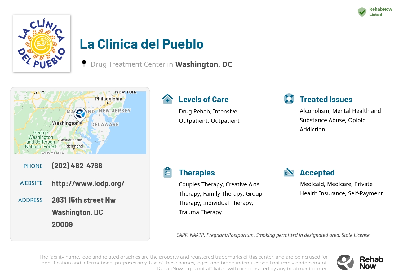 Helpful reference information for La Clinica del Pueblo, a drug treatment center in District of Columbia located at: 2831 15th street Nw, Washington, DC, 20009, including phone numbers, official website, and more. Listed briefly is an overview of Levels of Care, Therapies Offered, Issues Treated, and accepted forms of Payment Methods.