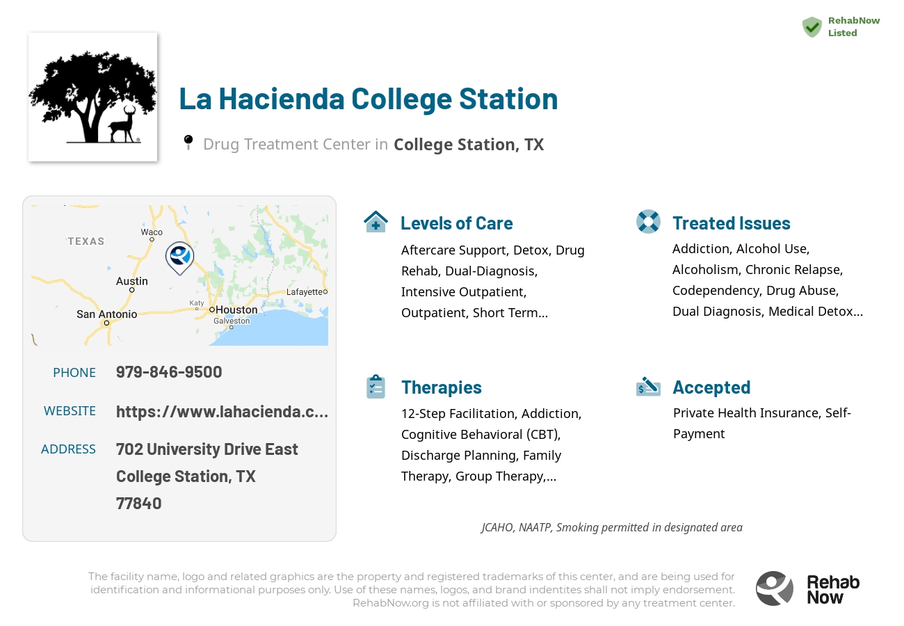 Helpful reference information for La Hacienda College Station, a drug treatment center in Texas located at: 702 University Drive East, College Station, TX, 77840, including phone numbers, official website, and more. Listed briefly is an overview of Levels of Care, Therapies Offered, Issues Treated, and accepted forms of Payment Methods.