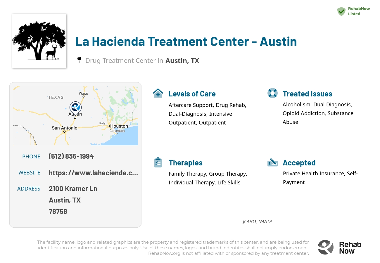 Helpful reference information for La Hacienda Treatment Center - Austin, a drug treatment center in Texas located at: 2100 Kramer Ln, Austin, TX 78758, including phone numbers, official website, and more. Listed briefly is an overview of Levels of Care, Therapies Offered, Issues Treated, and accepted forms of Payment Methods.