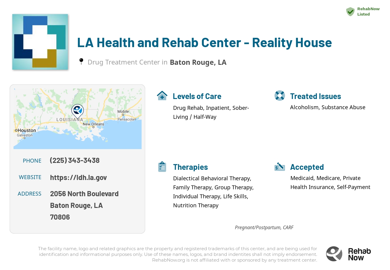 Helpful reference information for LA Health and Rehab Center - Reality House, a drug treatment center in Louisiana located at: 2056 2056 North Boulevard, Baton Rouge, LA 70806, including phone numbers, official website, and more. Listed briefly is an overview of Levels of Care, Therapies Offered, Issues Treated, and accepted forms of Payment Methods.