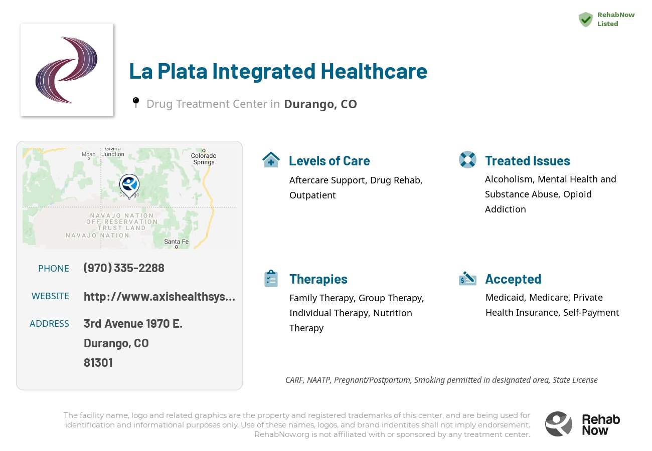 Helpful reference information for La Plata Integrated Healthcare, a drug treatment center in Colorado located at: 3rd Avenue 1970 E., Durango, CO, 81301, including phone numbers, official website, and more. Listed briefly is an overview of Levels of Care, Therapies Offered, Issues Treated, and accepted forms of Payment Methods.