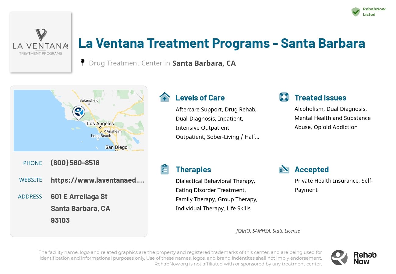 Helpful reference information for La Ventana Treatment Programs - Santa Barbara, a drug treatment center in California located at: 601 E Arrellaga St, Santa Barbara, CA 93103, including phone numbers, official website, and more. Listed briefly is an overview of Levels of Care, Therapies Offered, Issues Treated, and accepted forms of Payment Methods.