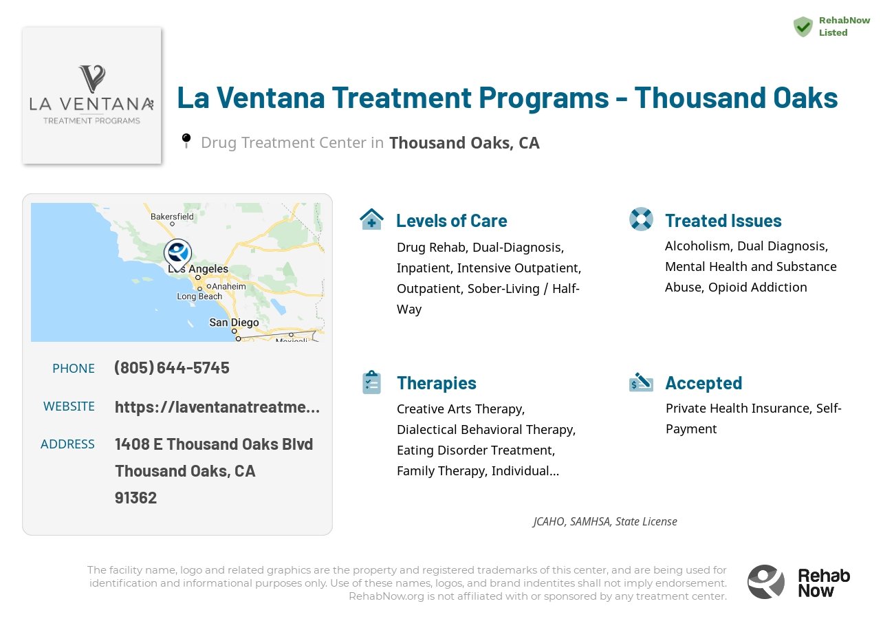 Helpful reference information for La Ventana Treatment Programs - Thousand Oaks, a drug treatment center in California located at: 1408 E Thousand Oaks Blvd, Thousand Oaks, CA 91362, including phone numbers, official website, and more. Listed briefly is an overview of Levels of Care, Therapies Offered, Issues Treated, and accepted forms of Payment Methods.