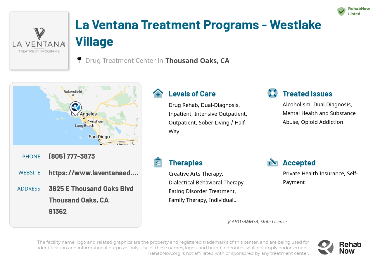 Helpful reference information for La Ventana Treatment Programs - Westlake Village, a drug treatment center in California located at: 3625 E Thousand Oaks Blvd, Thousand Oaks, CA 91362, including phone numbers, official website, and more. Listed briefly is an overview of Levels of Care, Therapies Offered, Issues Treated, and accepted forms of Payment Methods.