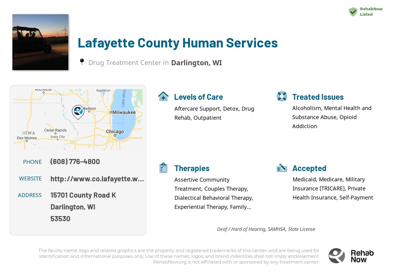Helpful reference information for Lafayette County Human Services, a drug treatment center in Wisconsin located at: 15701 County Road K, Darlington, WI 53530, including phone numbers, official website, and more. Listed briefly is an overview of Levels of Care, Therapies Offered, Issues Treated, and accepted forms of Payment Methods.