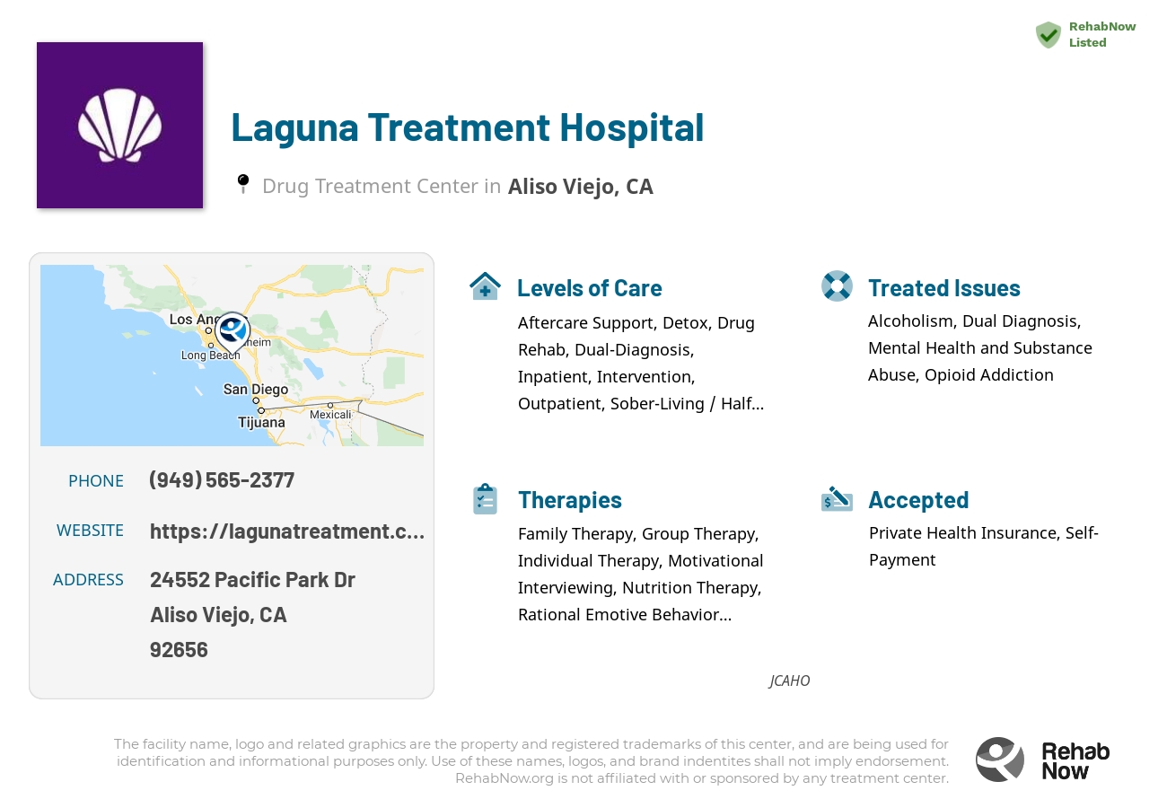 Helpful reference information for Laguna Treatment Hospital, a drug treatment center in California located at: 24552 Pacific Park Dr, Aliso Viejo, CA 92656, including phone numbers, official website, and more. Listed briefly is an overview of Levels of Care, Therapies Offered, Issues Treated, and accepted forms of Payment Methods.