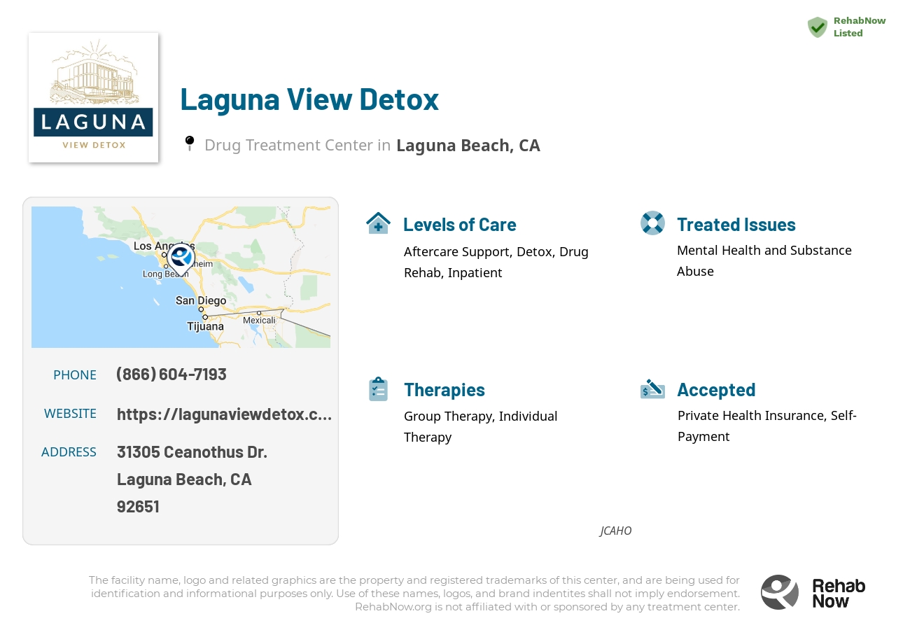 Helpful reference information for Laguna View Detox, a drug treatment center in California located at: 31305 Ceanothus Dr., Laguna Beach, CA, 92651, including phone numbers, official website, and more. Listed briefly is an overview of Levels of Care, Therapies Offered, Issues Treated, and accepted forms of Payment Methods.