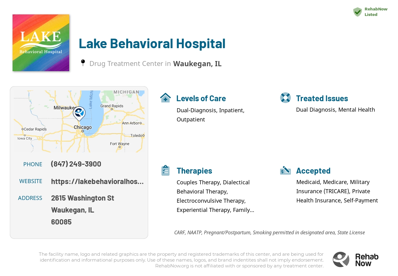 Helpful reference information for Lake Behavioral Hospital, a drug treatment center in Illinois located at: 2615 Washington St, Waukegan, IL 60085, including phone numbers, official website, and more. Listed briefly is an overview of Levels of Care, Therapies Offered, Issues Treated, and accepted forms of Payment Methods.