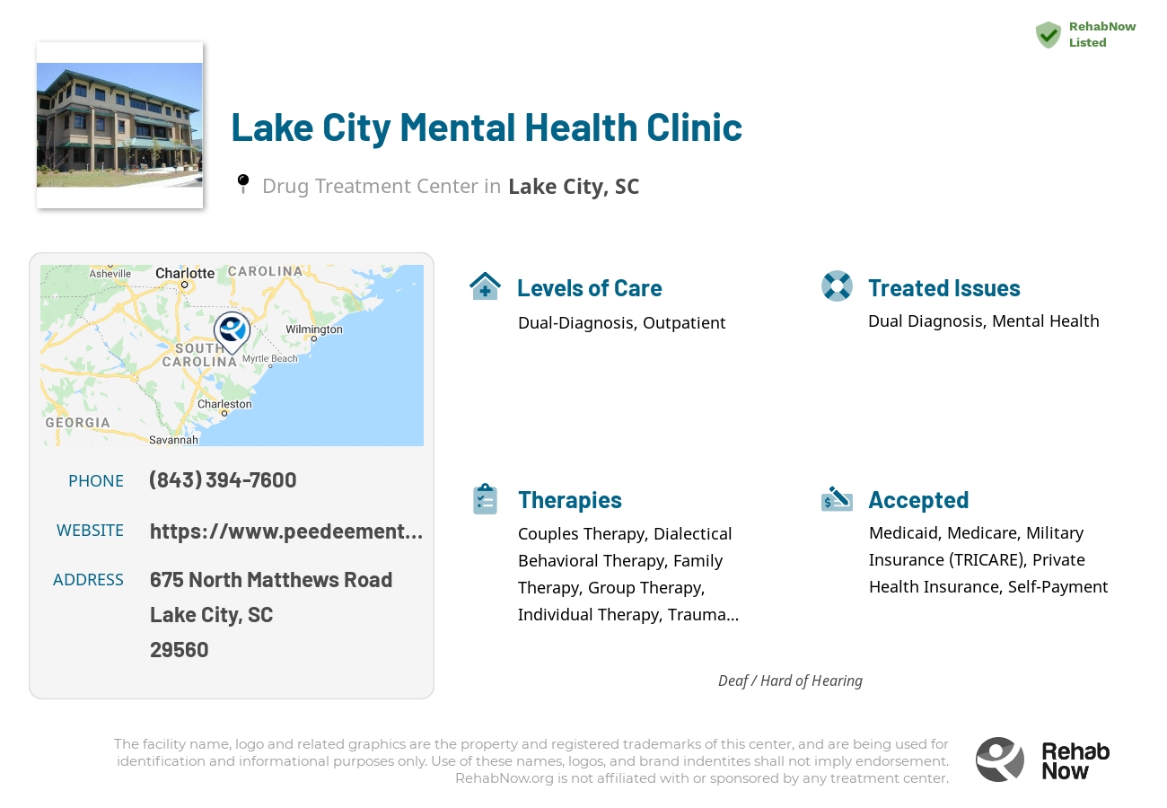 Helpful reference information for Lake City Mental Health Clinic, a drug treatment center in South Carolina located at: 675 675 North Matthews Road, Lake City, SC 29560, including phone numbers, official website, and more. Listed briefly is an overview of Levels of Care, Therapies Offered, Issues Treated, and accepted forms of Payment Methods.