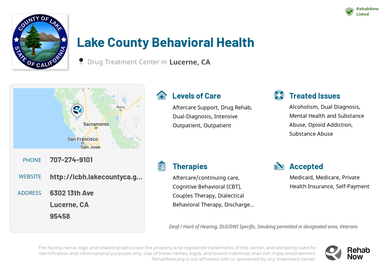Helpful reference information for Lake County Behavioral Health, a drug treatment center in California located at: 6302 13th Ave, Lucerne, CA 95458, including phone numbers, official website, and more. Listed briefly is an overview of Levels of Care, Therapies Offered, Issues Treated, and accepted forms of Payment Methods.