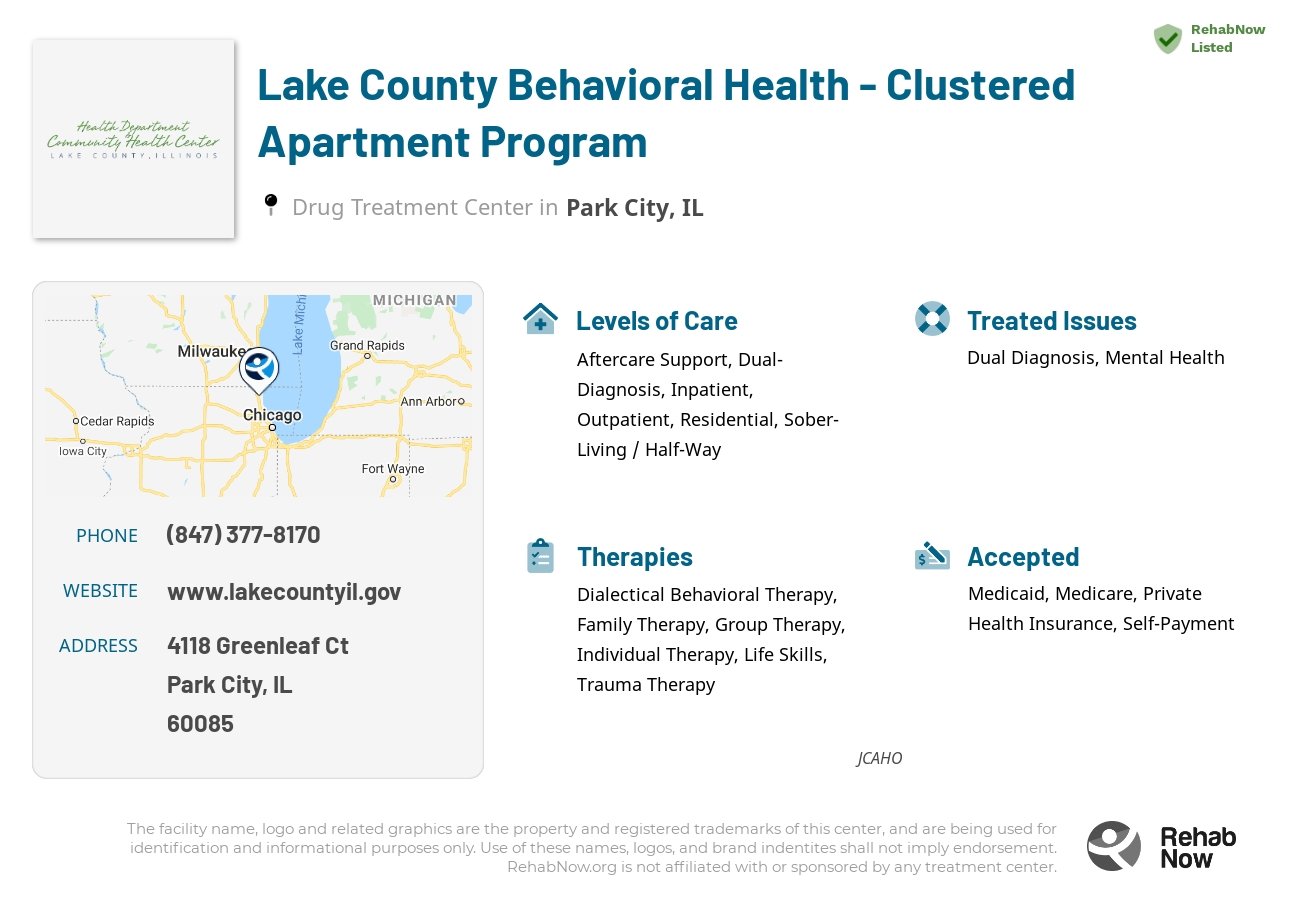 Helpful reference information for Lake County Behavioral Health - Clustered Apartment Program, a drug treatment center in Illinois located at: 4118 Greenleaf Ct, Park City, IL 60085, including phone numbers, official website, and more. Listed briefly is an overview of Levels of Care, Therapies Offered, Issues Treated, and accepted forms of Payment Methods.