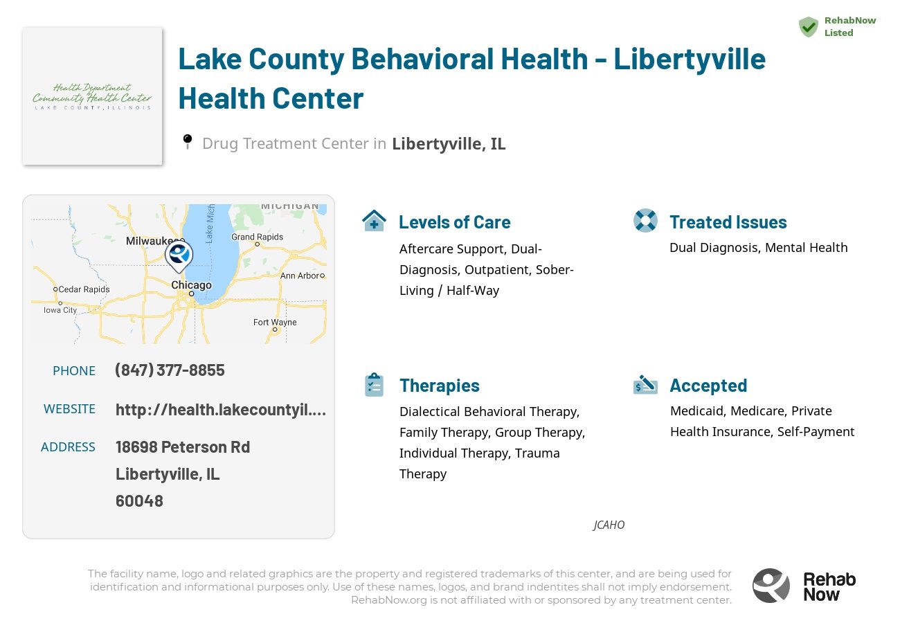 Helpful reference information for Lake County Behavioral Health - Libertyville Health Center, a drug treatment center in Illinois located at: 18698 Peterson Rd, Libertyville, IL 60048, including phone numbers, official website, and more. Listed briefly is an overview of Levels of Care, Therapies Offered, Issues Treated, and accepted forms of Payment Methods.