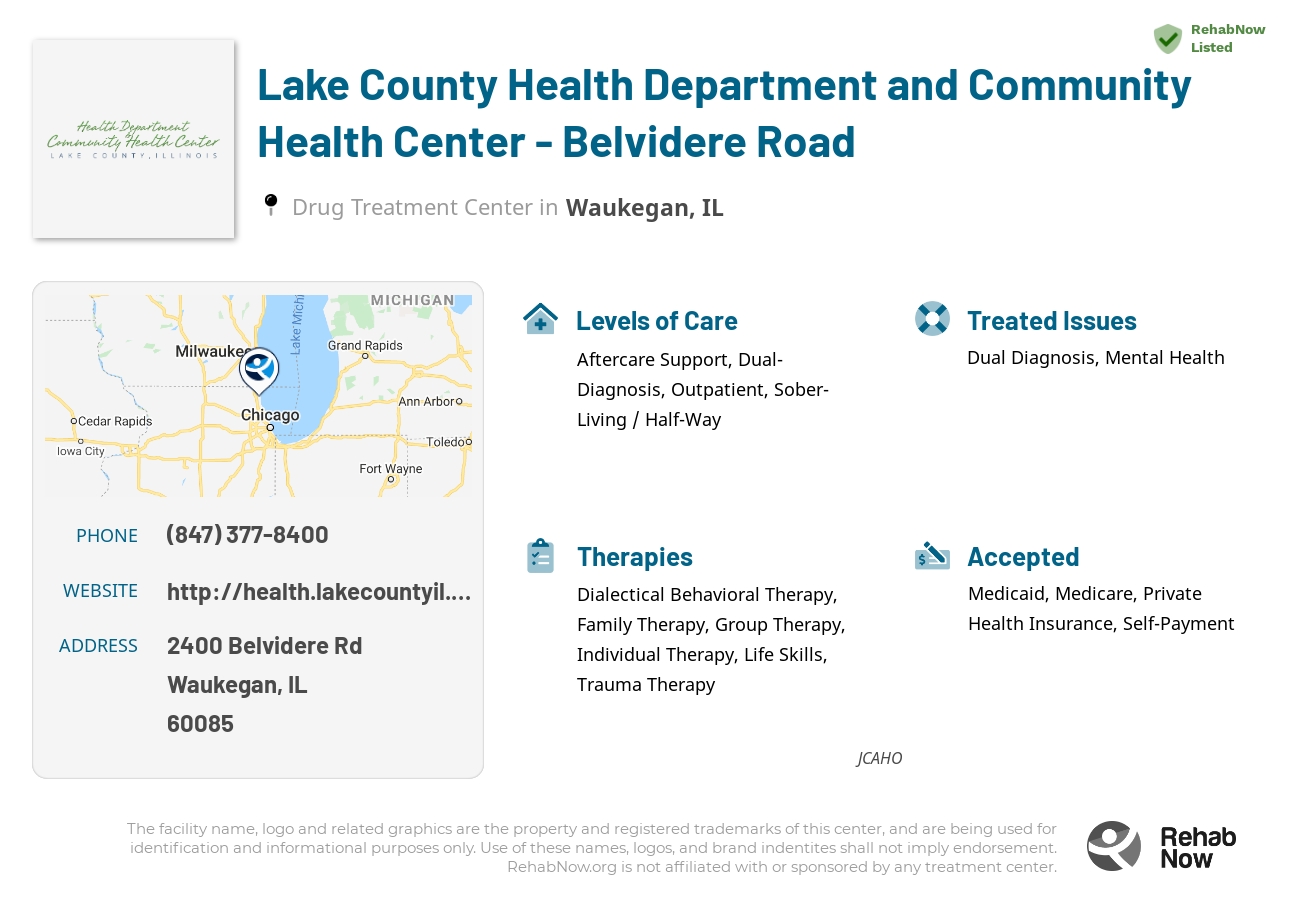Helpful reference information for Lake County Health Department and Community Health Center - Belvidere Road, a drug treatment center in Illinois located at: 2400 Belvidere Rd, Waukegan, IL 60085, including phone numbers, official website, and more. Listed briefly is an overview of Levels of Care, Therapies Offered, Issues Treated, and accepted forms of Payment Methods.