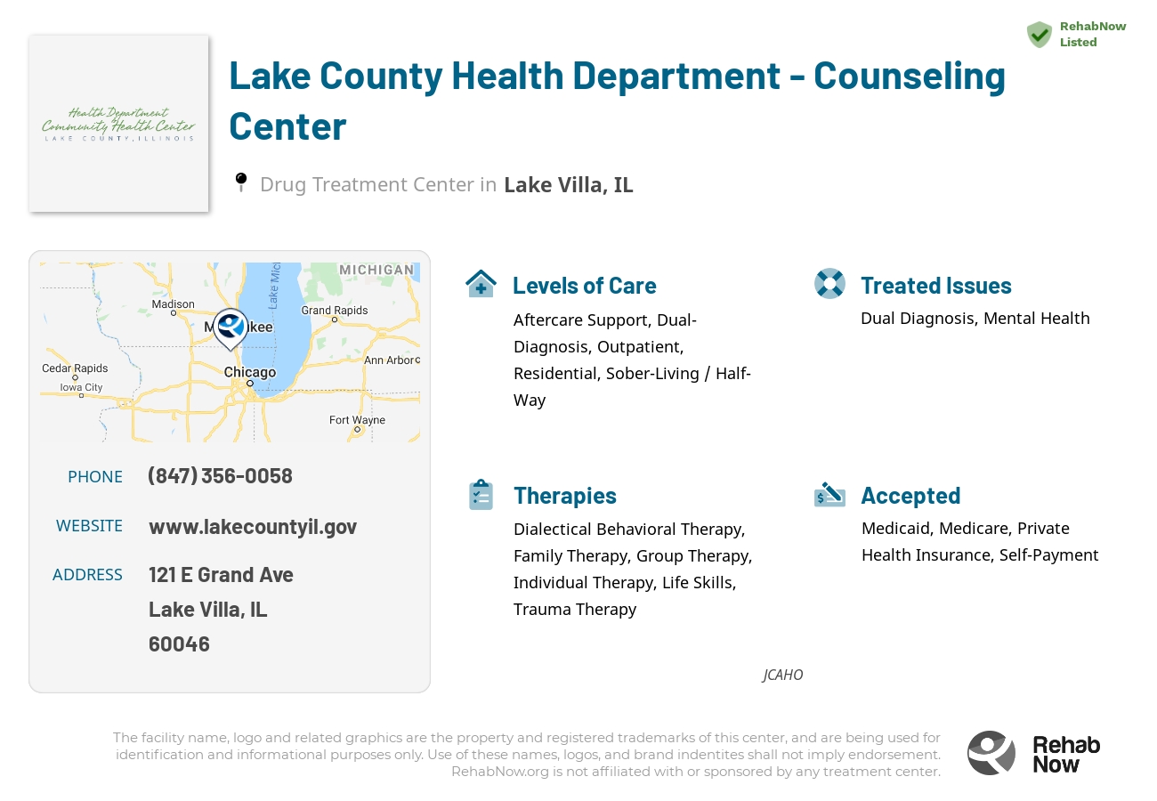 Helpful reference information for Lake County Health Department - Counseling Center, a drug treatment center in Illinois located at: 121 E Grand Ave, Lake Villa, IL 60046, including phone numbers, official website, and more. Listed briefly is an overview of Levels of Care, Therapies Offered, Issues Treated, and accepted forms of Payment Methods.