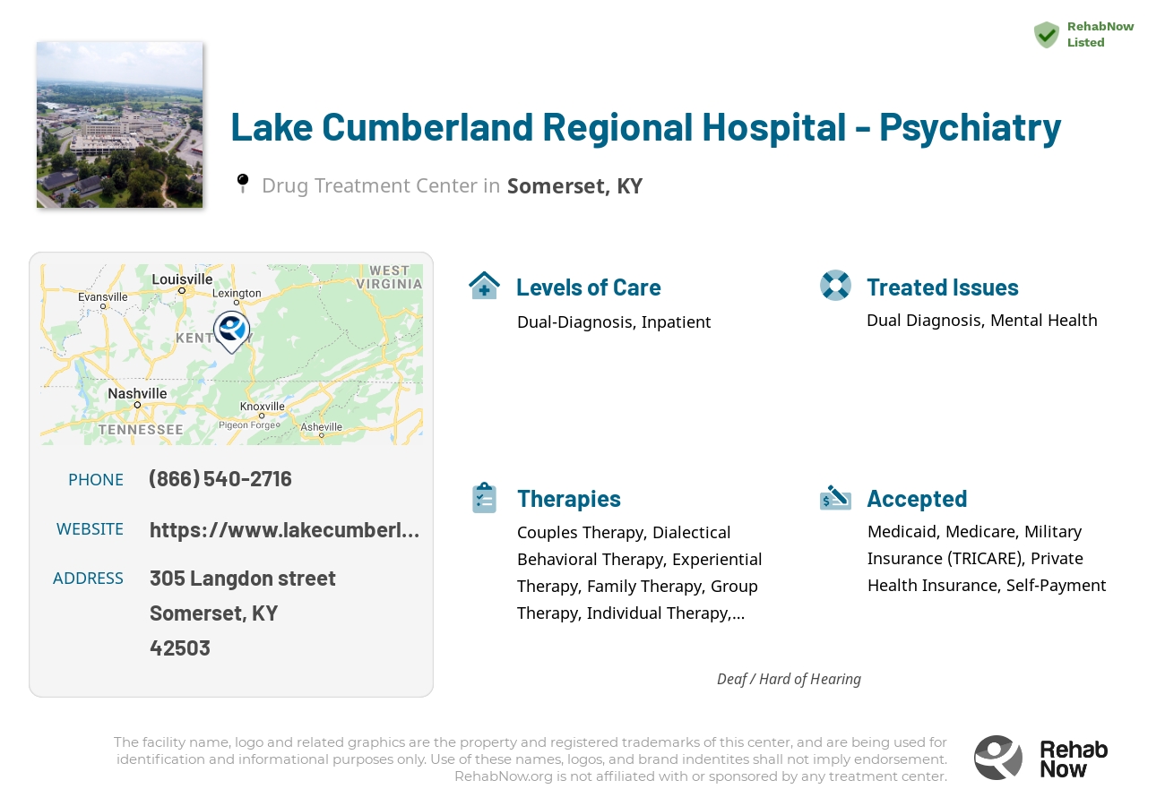 Helpful reference information for Lake Cumberland Regional Hospital - Psychiatry, a drug treatment center in Kentucky located at: 305 Langdon street, Somerset, KY, 42503, including phone numbers, official website, and more. Listed briefly is an overview of Levels of Care, Therapies Offered, Issues Treated, and accepted forms of Payment Methods.