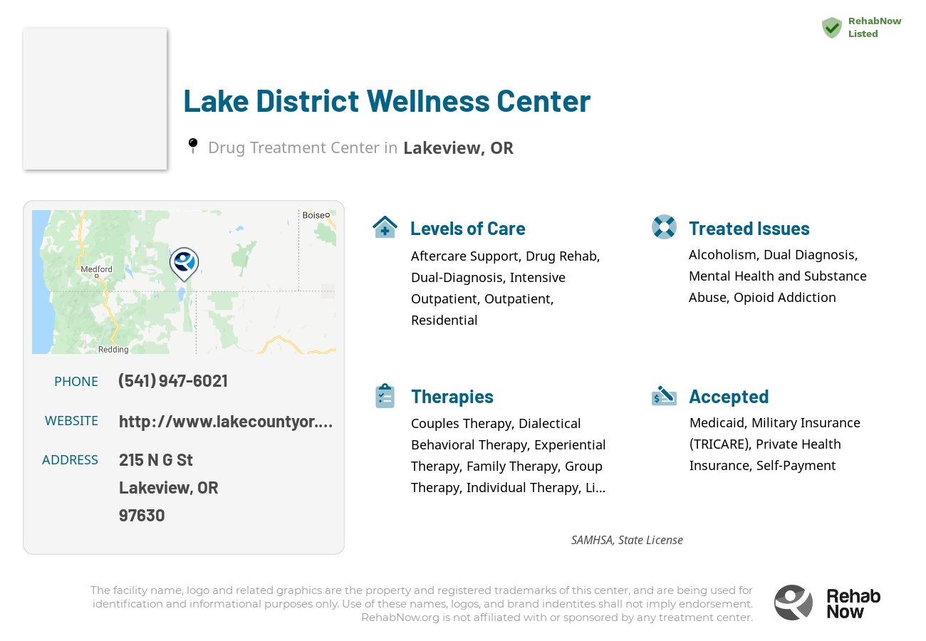 Helpful reference information for Lake District Wellness Center, a drug treatment center in Oregon located at: 215 N G St, Lakeview, OR 97630, including phone numbers, official website, and more. Listed briefly is an overview of Levels of Care, Therapies Offered, Issues Treated, and accepted forms of Payment Methods.