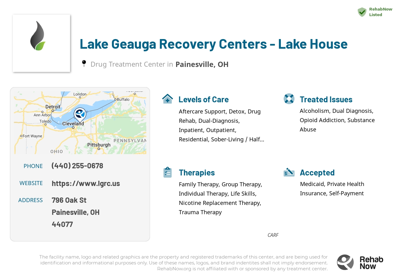Helpful reference information for Lake Geauga Recovery Centers - Lake House, a drug treatment center in Ohio located at: 796 Oak St, Painesville, OH 44077, including phone numbers, official website, and more. Listed briefly is an overview of Levels of Care, Therapies Offered, Issues Treated, and accepted forms of Payment Methods.