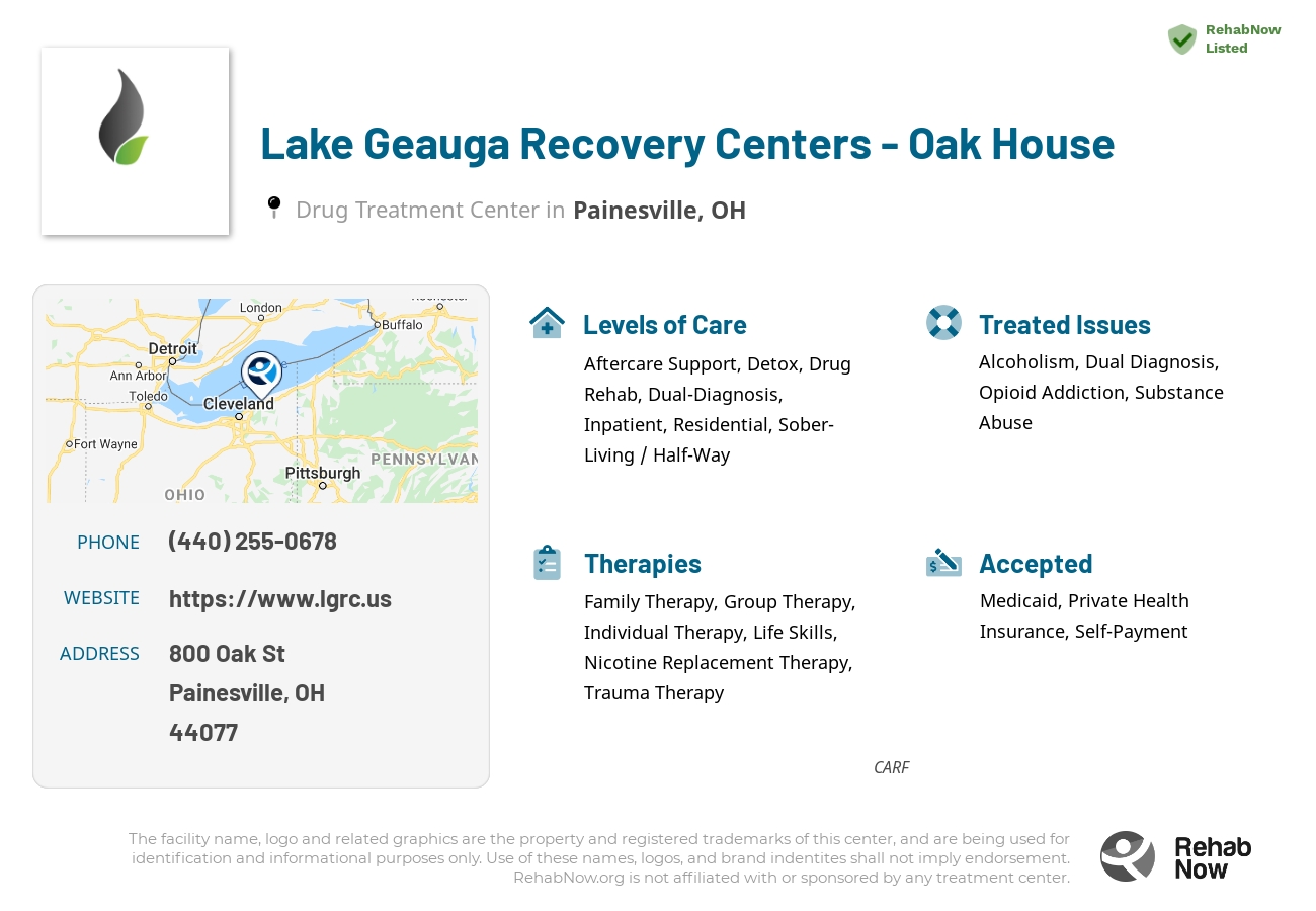 Helpful reference information for Lake Geauga Recovery Centers - Oak House, a drug treatment center in Ohio located at: 800 Oak St, Painesville, OH 44077, including phone numbers, official website, and more. Listed briefly is an overview of Levels of Care, Therapies Offered, Issues Treated, and accepted forms of Payment Methods.