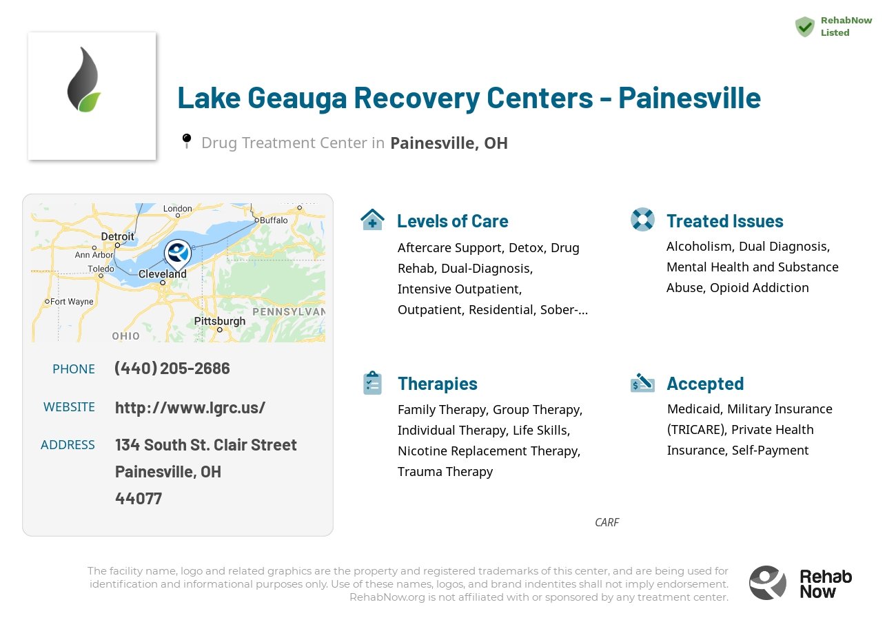 Helpful reference information for Lake Geauga Recovery Centers - Painesville, a drug treatment center in Ohio located at: 134 South St. Clair Street, Painesville, OH 44077, including phone numbers, official website, and more. Listed briefly is an overview of Levels of Care, Therapies Offered, Issues Treated, and accepted forms of Payment Methods.