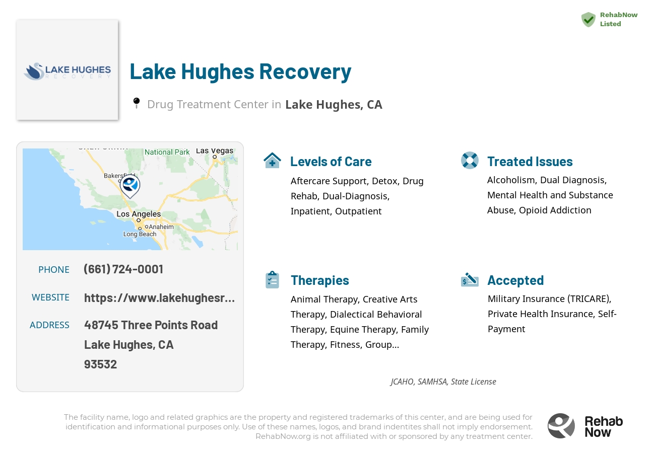 Helpful reference information for Lake Hughes Recovery, a drug treatment center in California located at: 48745 Three Points Road, Lake Hughes, CA, 93532, including phone numbers, official website, and more. Listed briefly is an overview of Levels of Care, Therapies Offered, Issues Treated, and accepted forms of Payment Methods.
