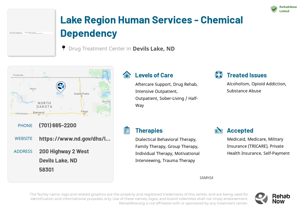 Helpful reference information for Lake Region Human Services - Chemical Dependency, a drug treatment center in North Dakota located at: 200 200 Highway 2 West, Devils Lake, ND 58301, including phone numbers, official website, and more. Listed briefly is an overview of Levels of Care, Therapies Offered, Issues Treated, and accepted forms of Payment Methods.