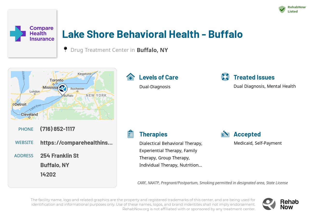 Helpful reference information for Lake Shore Behavioral Health - Buffalo, a drug treatment center in New York located at: 254 Franklin St, Buffalo, NY 14202, including phone numbers, official website, and more. Listed briefly is an overview of Levels of Care, Therapies Offered, Issues Treated, and accepted forms of Payment Methods.
