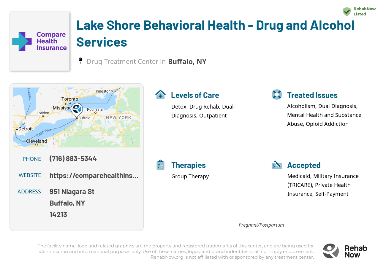 Helpful reference information for Lake Shore Behavioral Health - Drug and Alcohol Services, a drug treatment center in New York located at: 951 Niagara St, Buffalo, NY 14213, including phone numbers, official website, and more. Listed briefly is an overview of Levels of Care, Therapies Offered, Issues Treated, and accepted forms of Payment Methods.
