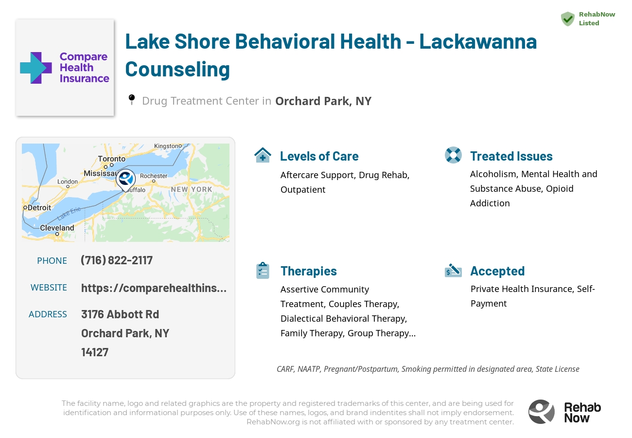 Helpful reference information for Lake Shore Behavioral Health - Lackawanna Counseling, a drug treatment center in New York located at: 3176 Abbott Rd, Orchard Park, NY 14127, including phone numbers, official website, and more. Listed briefly is an overview of Levels of Care, Therapies Offered, Issues Treated, and accepted forms of Payment Methods.