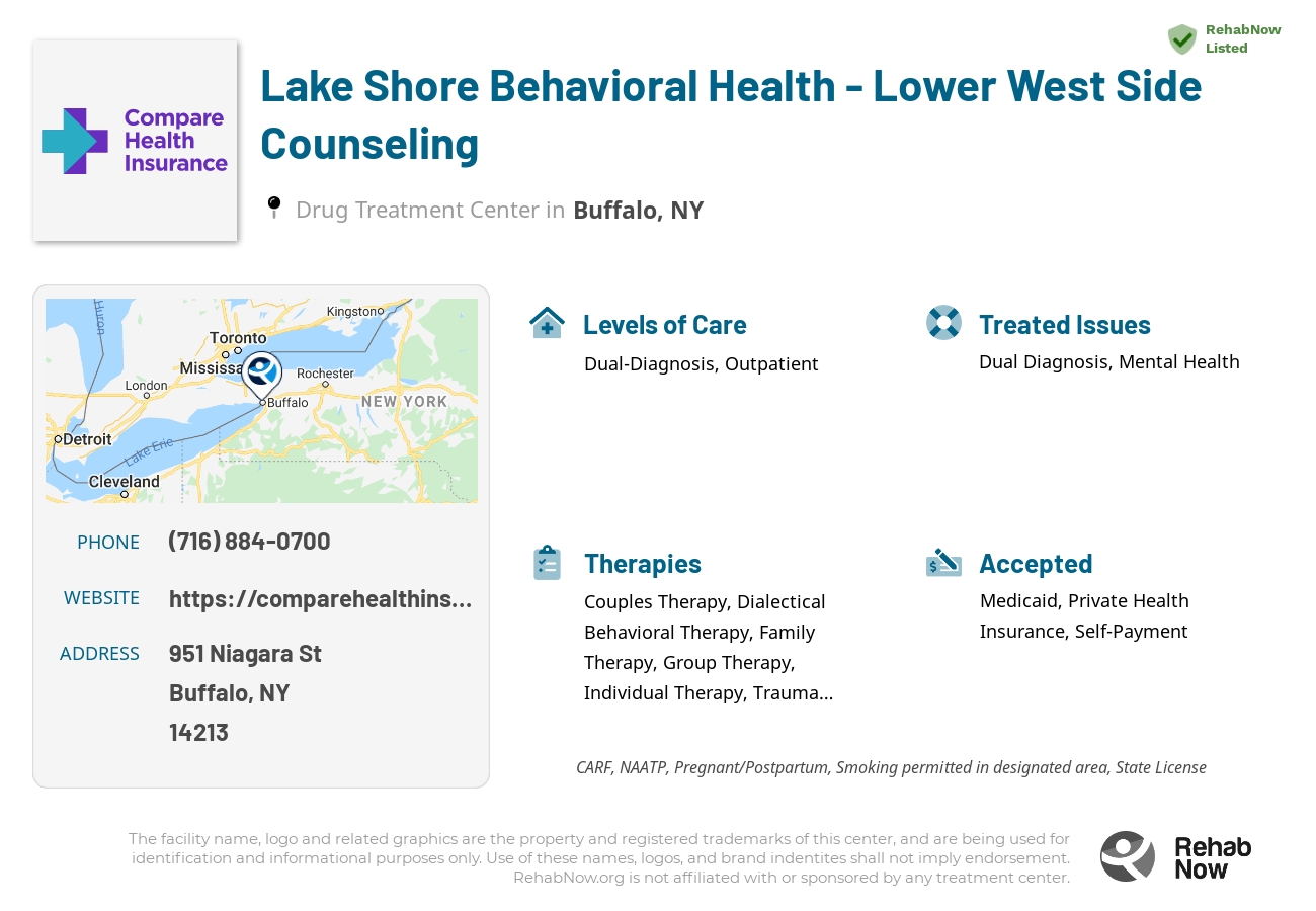 Helpful reference information for Lake Shore Behavioral Health - Lower West Side Counseling, a drug treatment center in New York located at: 951 Niagara St, Buffalo, NY 14213, including phone numbers, official website, and more. Listed briefly is an overview of Levels of Care, Therapies Offered, Issues Treated, and accepted forms of Payment Methods.