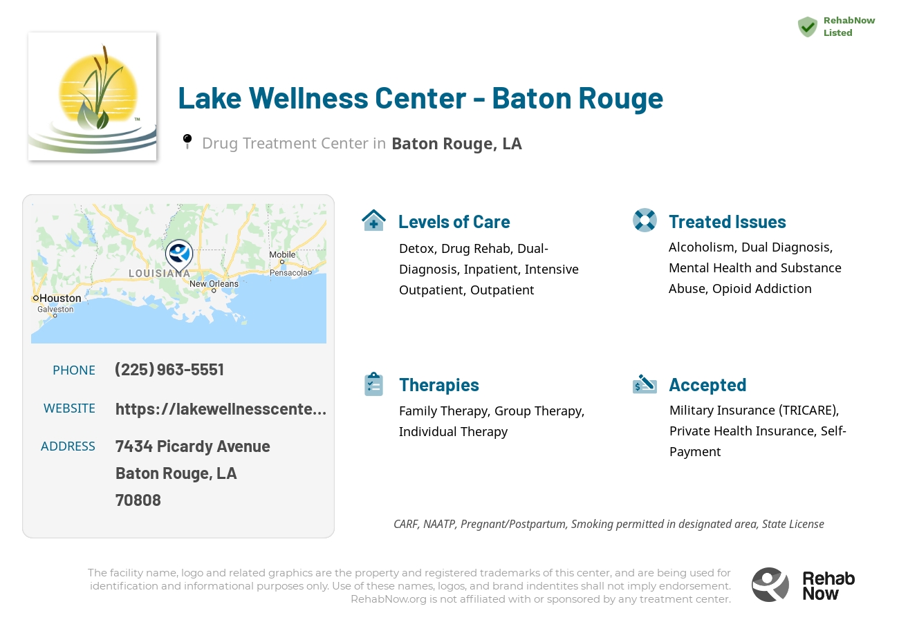 Helpful reference information for Lake Wellness Center - Baton Rouge, a drug treatment center in Louisiana located at: 7434 7434 Picardy Avenue, Baton Rouge, LA 70808, including phone numbers, official website, and more. Listed briefly is an overview of Levels of Care, Therapies Offered, Issues Treated, and accepted forms of Payment Methods.
