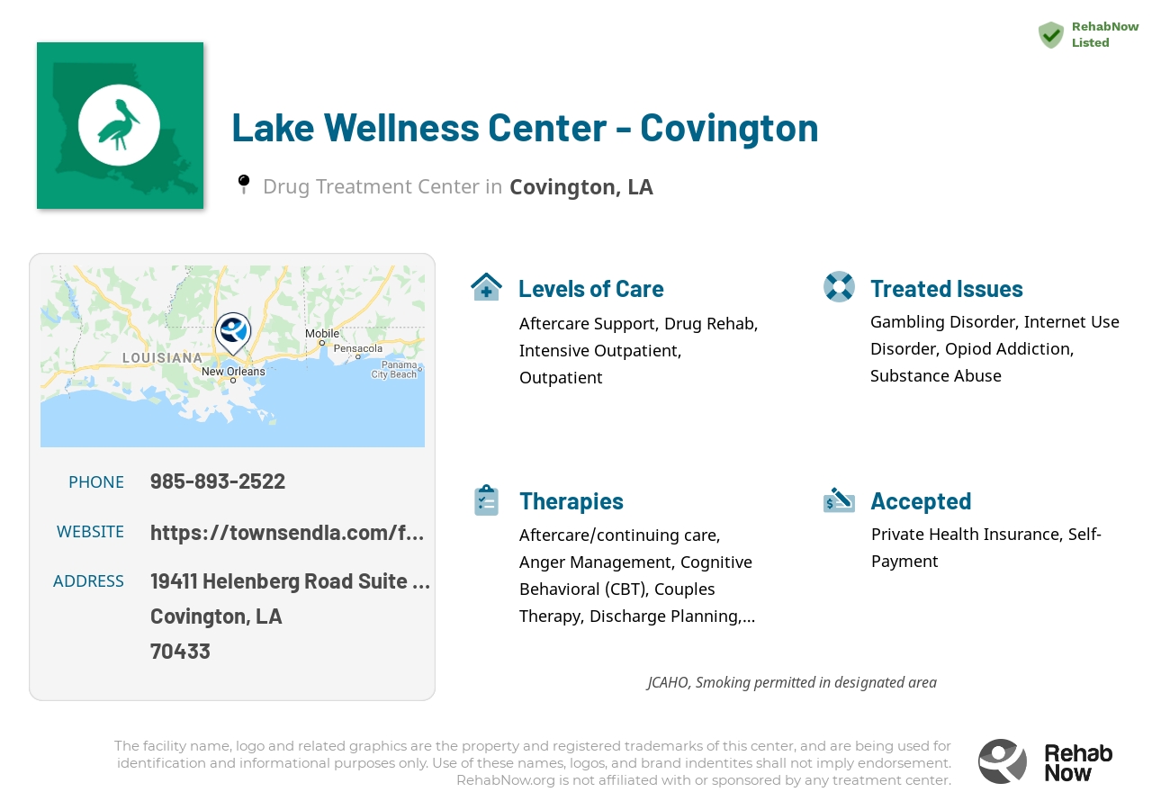 Helpful reference information for Lake Wellness Center - Covington, a drug treatment center in Louisiana located at: 19411 Helenberg Road Suite 101, Covington, LA 70433, including phone numbers, official website, and more. Listed briefly is an overview of Levels of Care, Therapies Offered, Issues Treated, and accepted forms of Payment Methods.