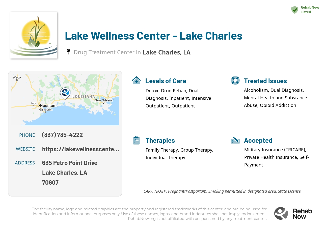 Helpful reference information for Lake Wellness Center - Lake Charles, a drug treatment center in Louisiana located at: 635 635 Petro Point Drive, Lake Charles, LA 70607, including phone numbers, official website, and more. Listed briefly is an overview of Levels of Care, Therapies Offered, Issues Treated, and accepted forms of Payment Methods.