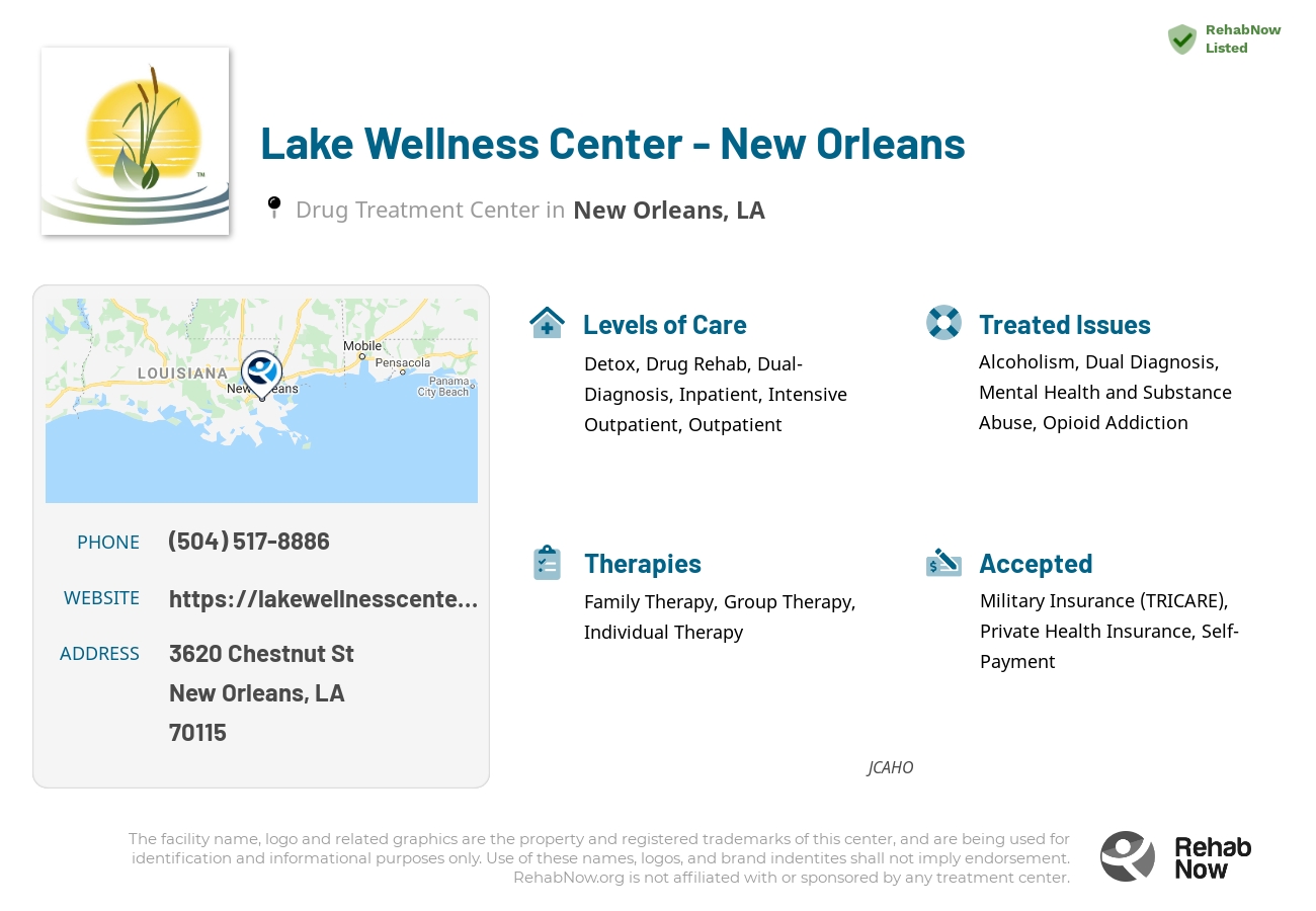 Helpful reference information for Lake Wellness Center - New Orleans, a drug treatment center in Louisiana located at: 3620 3620 Chestnut St, New Orleans, LA 70115, including phone numbers, official website, and more. Listed briefly is an overview of Levels of Care, Therapies Offered, Issues Treated, and accepted forms of Payment Methods.