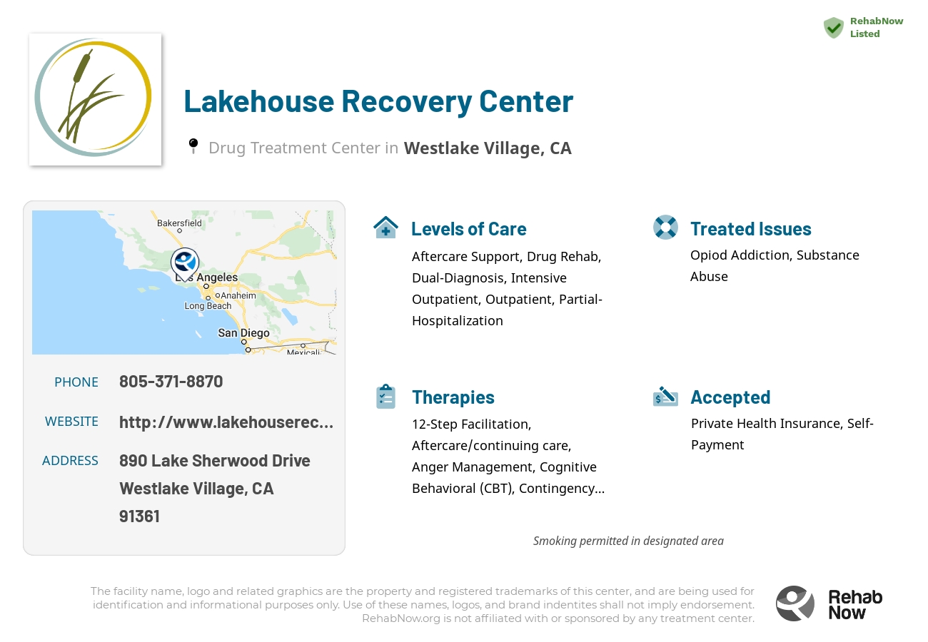 Helpful reference information for Lakehouse Recovery Center, a drug treatment center in California located at: 890 Lake Sherwood Drive, Westlake Village, CA 91361, including phone numbers, official website, and more. Listed briefly is an overview of Levels of Care, Therapies Offered, Issues Treated, and accepted forms of Payment Methods.