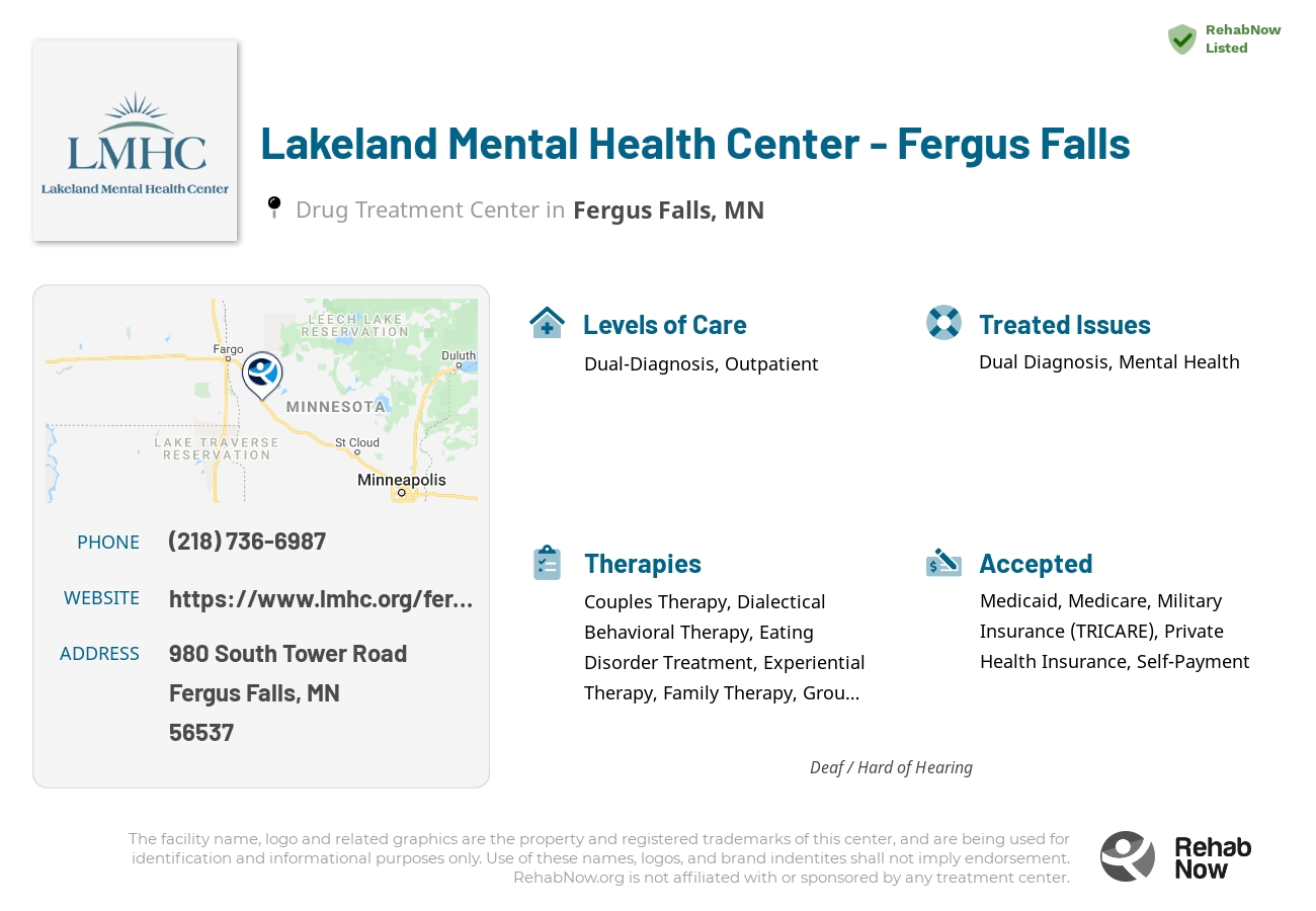 Helpful reference information for Lakeland Mental Health Center - Fergus Falls, a drug treatment center in Minnesota located at: 980 980 South Tower Road, Fergus Falls, MN 56537, including phone numbers, official website, and more. Listed briefly is an overview of Levels of Care, Therapies Offered, Issues Treated, and accepted forms of Payment Methods.