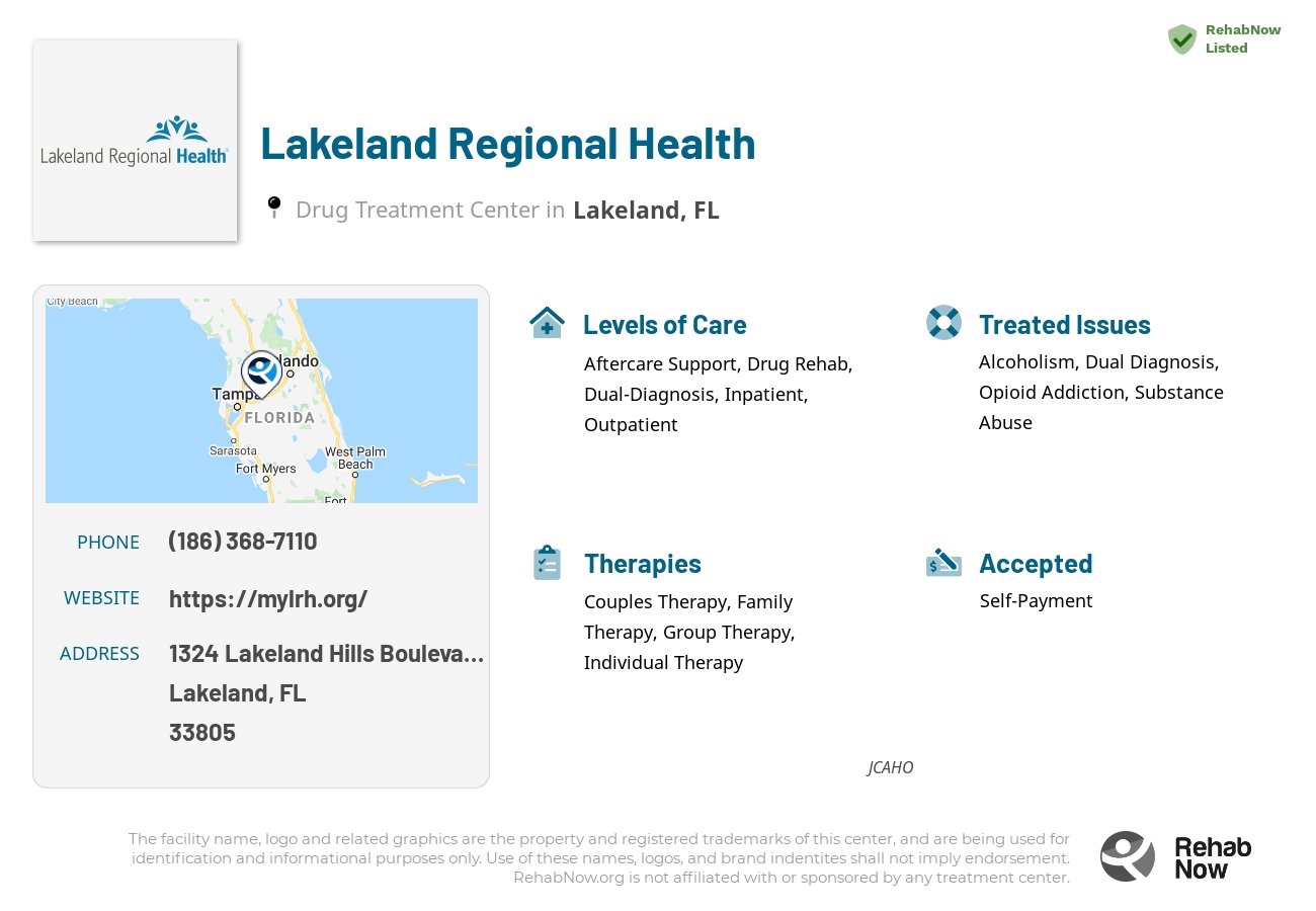 Helpful reference information for Lakeland Regional Health, a drug treatment center in Florida located at: 1324 Lakeland Hills Boulevard, Lakeland, FL, 33805, including phone numbers, official website, and more. Listed briefly is an overview of Levels of Care, Therapies Offered, Issues Treated, and accepted forms of Payment Methods.